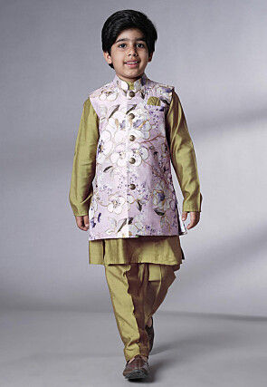 Digital Printed Muslin Silk Kurta Set in Olive Green