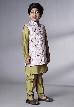 Digital Printed Muslin Silk Kurta Set in Olive Green