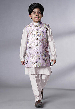 Digital Printed Muslin Silk Kurta Set in White