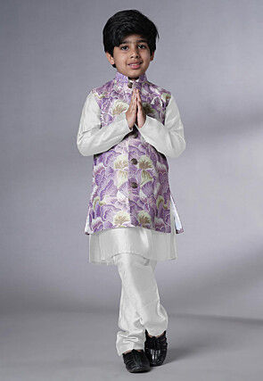 Digital Printed Muslin Silk Kurta Set in White