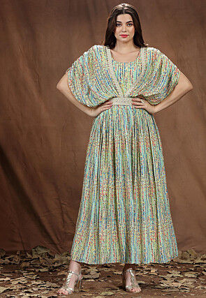 Digital Printed Muslin Silk Long Flared Dress in Multicolor