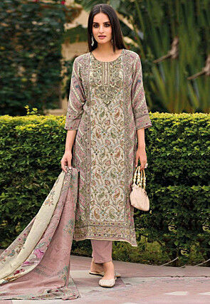 Digital Printed Muslin Silk Pakistani Suit in Beige and Pink