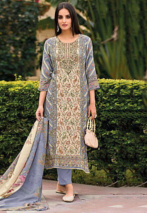Digital Printed Muslin Silk Pakistani Suit in Beige and Purple