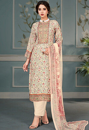 Digital Printed Muslin Silk Pakistani Suit in Beige
