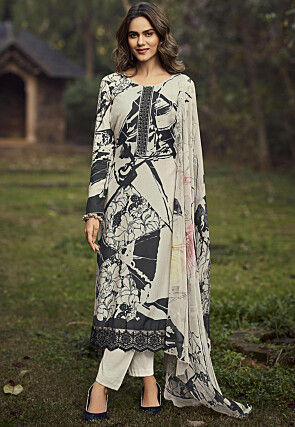Digital Printed Muslin Silk Pakistani Suit in Black and White