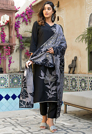 Digital Printed Muslin Silk Pakistani Suit in Black