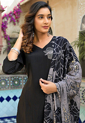 Digital Printed Muslin Silk Pakistani Suit in Black