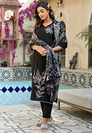 Digital Printed Muslin Silk Pakistani Suit in Black