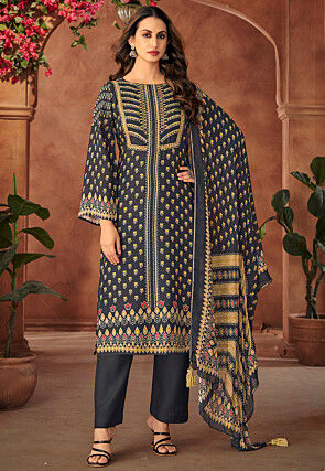 Digital Printed Muslin Silk Pakistani Suit in Black
