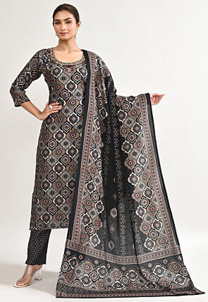 Digital Printed Muslin Silk Pakistani Suit in Black