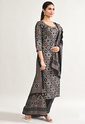 Digital Printed Muslin Silk Pakistani Suit in Black