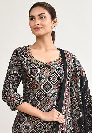 Digital Printed Muslin Silk Pakistani Suit in Black