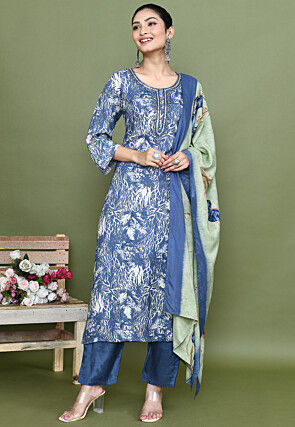 Digital Printed Muslin Silk Pakistani Suit in Blue