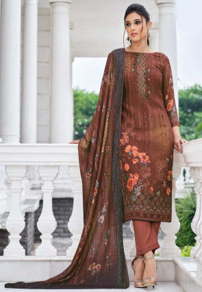 Digital Printed Muslin Silk Pakistani Suit in Brown