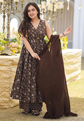 Digital Printed Muslin Silk Pakistani Suit in Brown