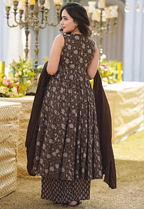 Digital Printed Muslin Silk Pakistani Suit in Brown