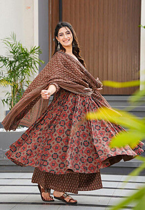 Digital Printed Muslin Silk Pakistani Suit in Brown