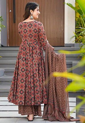 Digital Printed Muslin Silk Pakistani Suit in Brown
