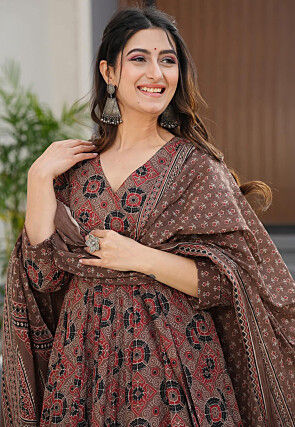 Digital Printed Muslin Silk Pakistani Suit in Brown