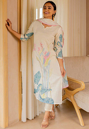 Digital Printed Muslin Silk Pakistani Suit in Cream