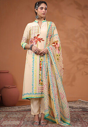 Digital Printed Muslin Silk Pakistani Suit in Cream