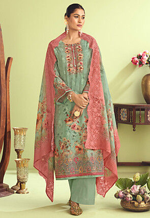 Digital Printed Muslin Silk Pakistani Suit in Dusty Green