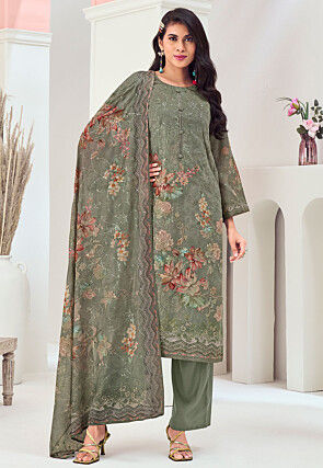 Digital Printed Muslin Silk Pakistani Suit in Dusty Green
