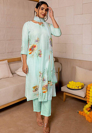 Digital Printed Muslin Silk Pakistani Suit in Green
