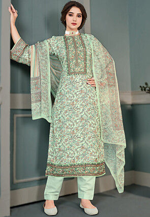 Digital Printed Muslin Silk Pakistani Suit in Green