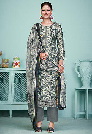 Digital Printed Muslin Silk Pakistani Suit in Grey