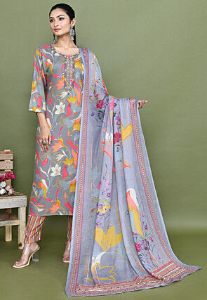Digital Printed Muslin Silk Pakistani Suit in Grey