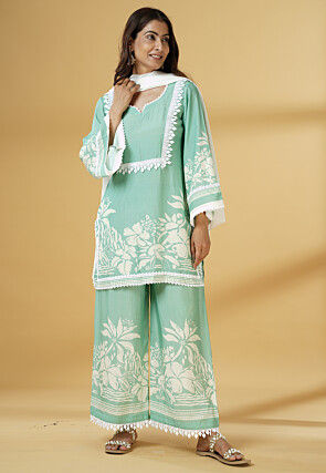 Digital Printed Muslin Silk Pakistani Suit in Light Green