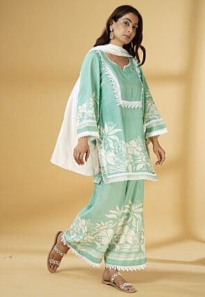 Digital Printed Muslin Silk Pakistani Suit in Light Green