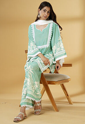 Digital Printed Muslin Silk Pakistani Suit in Light Green