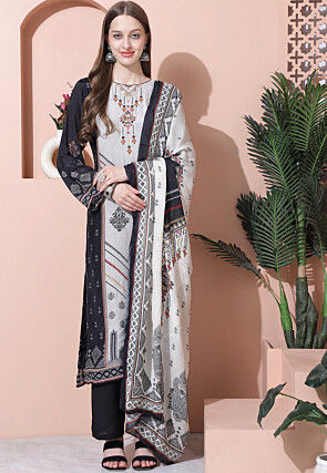 Digital Printed Muslin Silk Pakistani Suit in Light Grey