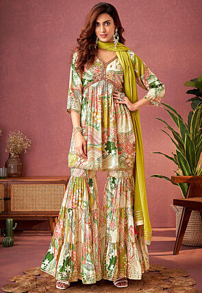 Digital Printed Muslin Silk Pakistani Suit in Multicolor
