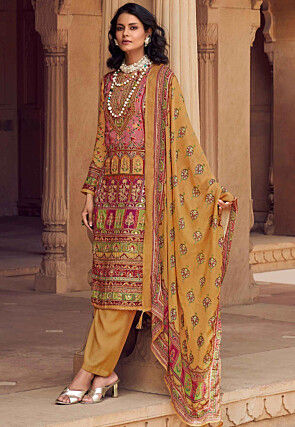 Digital Printed Muslin Silk Pakistani Suit in Mustard