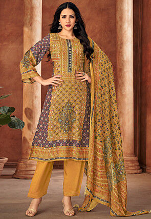 Digital Printed Muslin Silk Pakistani Suit in Mustard