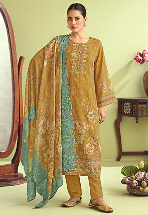 Digital Printed Muslin Silk Pakistani Suit in Mustard