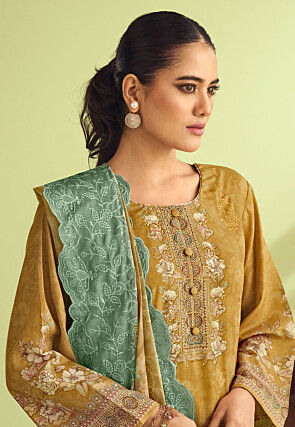 Digital Printed Muslin Silk Pakistani Suit in Mustard