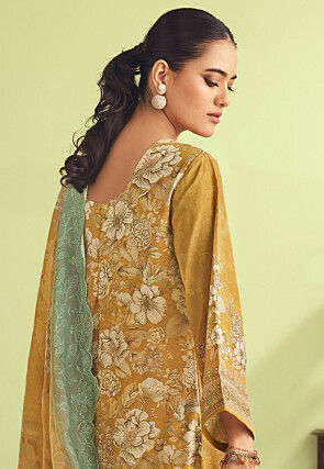 Digital Printed Muslin Silk Pakistani Suit in Mustard