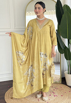 Digital Printed Muslin Silk Pakistani Suit in Mustard