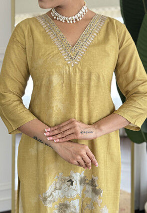Digital Printed Muslin Silk Pakistani Suit in Mustard