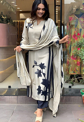 Digital Printed Muslin Silk Pakistani Suit in Off White