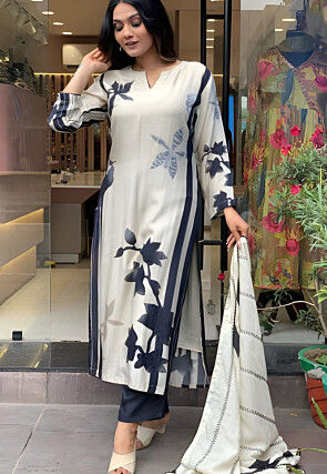 Digital Printed Muslin Silk Pakistani Suit in Off White