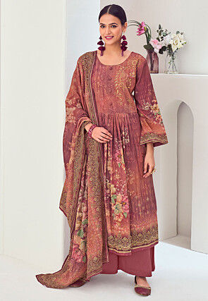 Digital Printed Muslin Silk Pakistani Suit in Old Rose