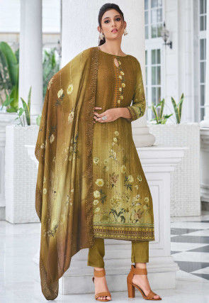 Digital Printed Muslin Silk Pakistani Suit in Olive Green