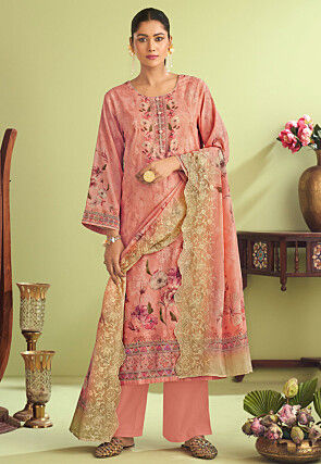 Digital Printed Muslin Silk Pakistani Suit in Peach