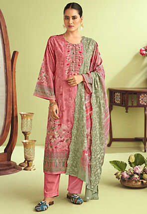 Digital Printed Muslin Silk Pakistani Suit in Pink