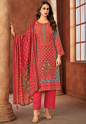 Digital Printed Muslin Silk Pakistani Suit in Red